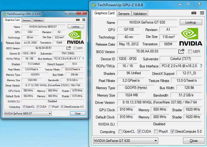 pny 9800gt 1g ddr3 256和七彩虹gt630灵动鲨1gd5哪个好 ?